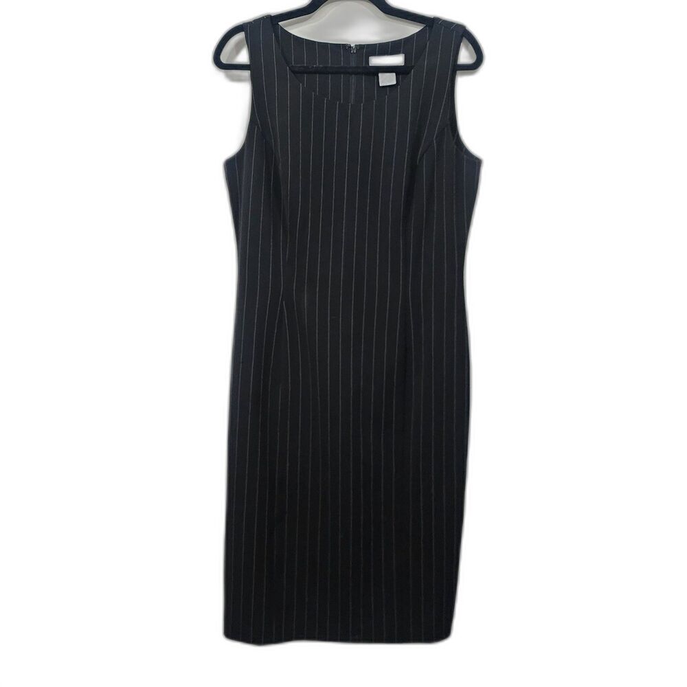 Vintage Spiegel Black Pinstripe Sleeveless sheath dress Womens Size 10 Stretch